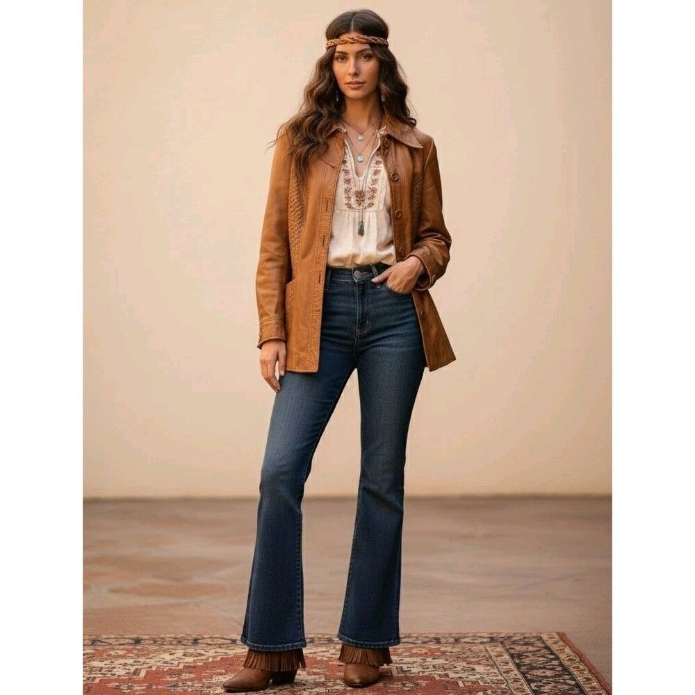 Split End Leather Jacket Womens Small Vintage 70s‎ Woven Belted Camel Tan Blazer
